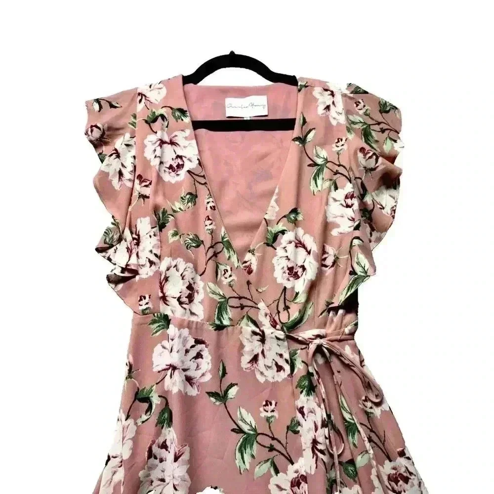 Charles Henry Floral Wrap‎ Dress Size Small Pink Lined Short Flutter Sleeves